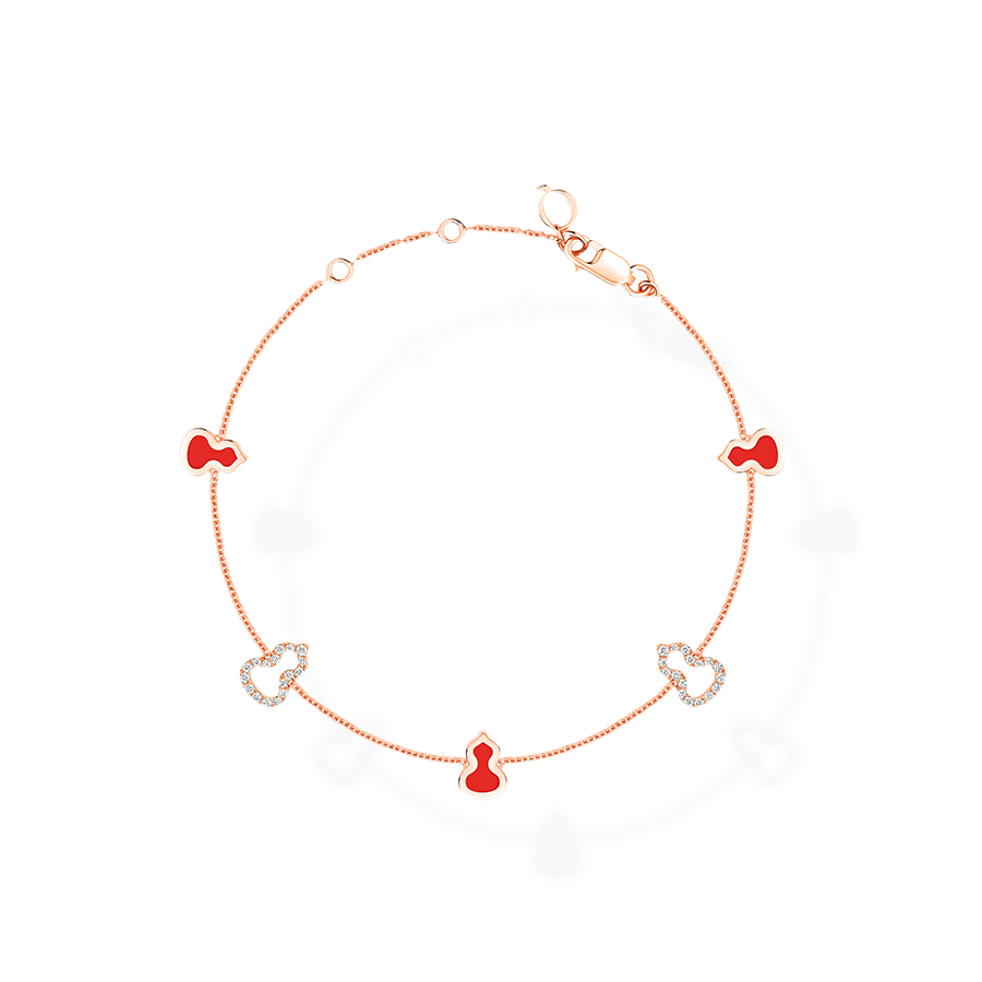 Wulu Bracelet Sautoir in Pink Gold with Diamonds and Red Enamel