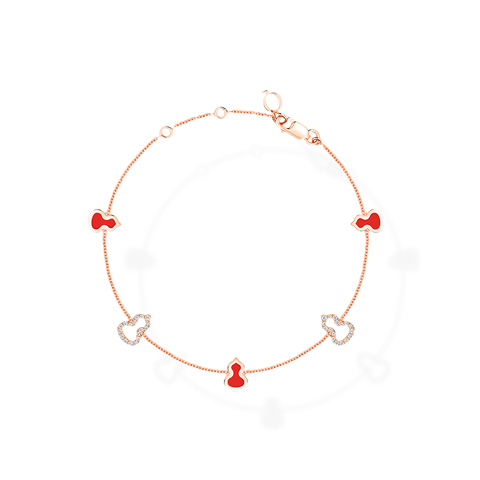 Wulu Bracelet Sautoir in Pink Gold with Diamonds and Red Enamel