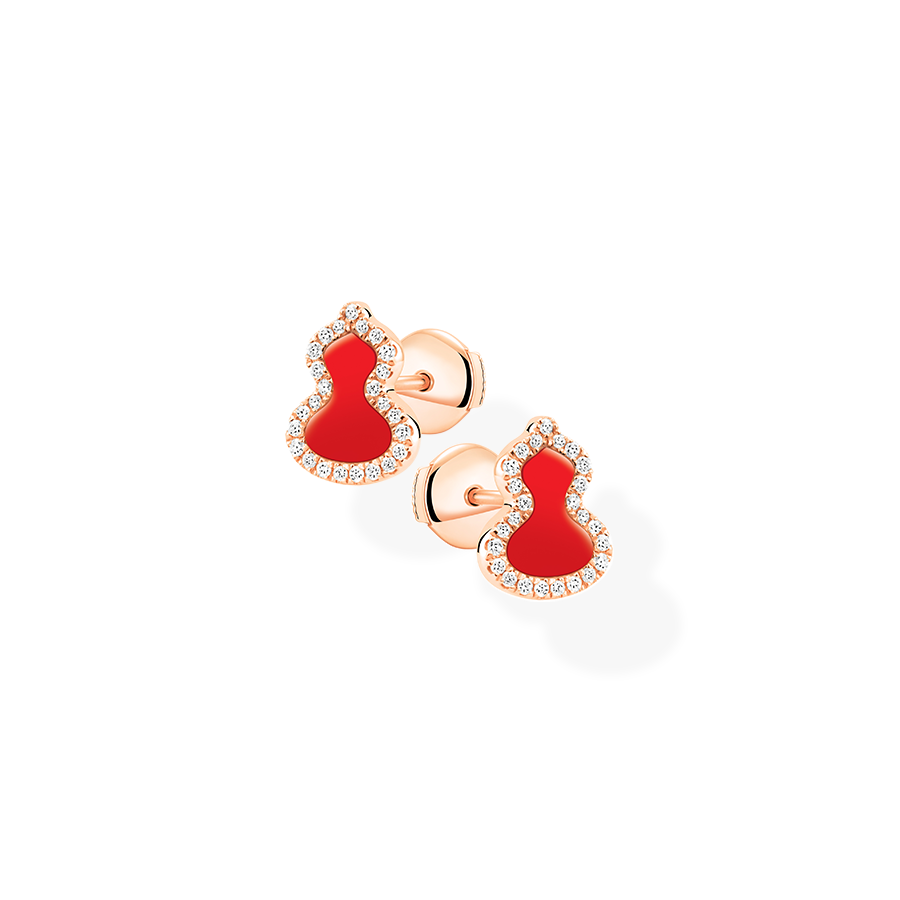 Wulu Earrings Petite in Pink Gold with Diamonds and Red Agate