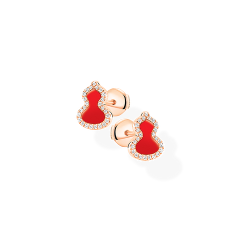 Wulu Earrings Petite in Pink Gold with Diamonds and Red Agate