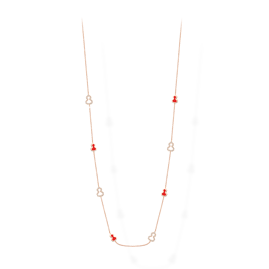 Wulu Necklace Sautoir in Pink Gold with Diamonds and Red Enamel