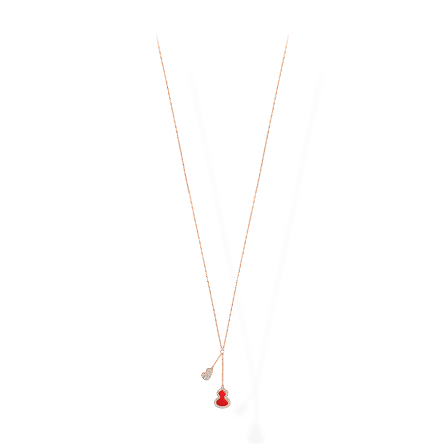 QEELIN Wulu Necklace Petite x2 in Pink Gold with Diamonds and Red Agate