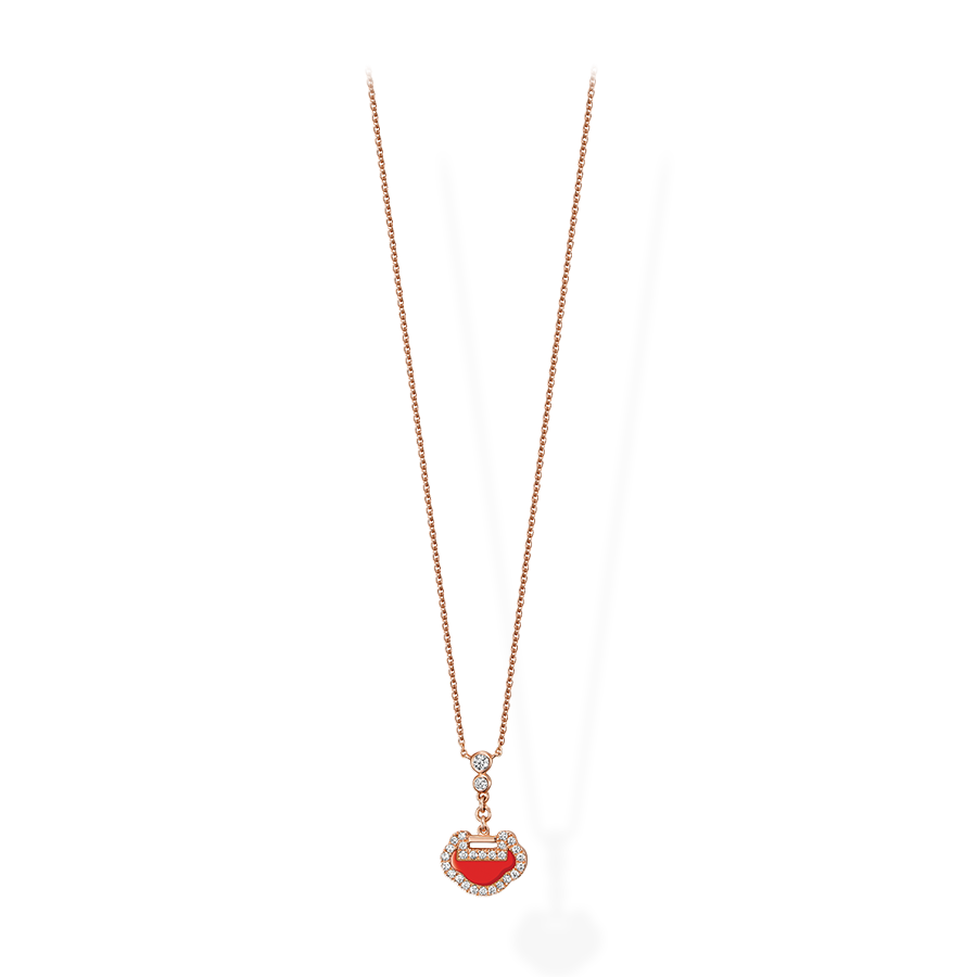 Yu Yi Necklace Petite in Pink Gold with Diamonds and Red Agate